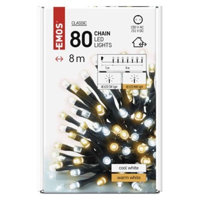 Lampki choinkowe Classic 80 LED 8m ciepła + zimna biel, zielony przewód, IP44, timer