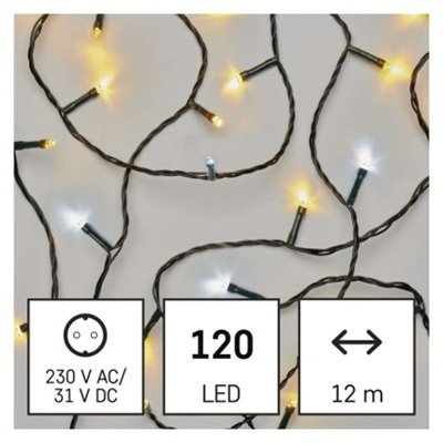 Lampki choinkowe Classic 120 LED 12m ciepła + zimna biel, zielony przewód, IP44, timer