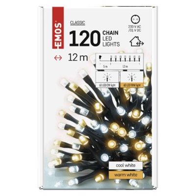 Lampki choinkowe Classic 120 LED 12m ciepła + zimna biel, zielony przewód, IP44, timer