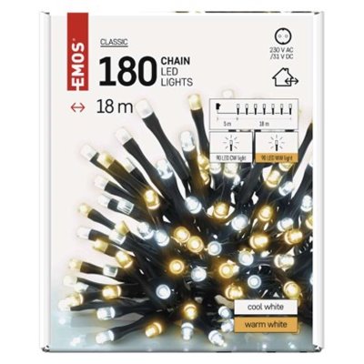 Lampki choinkowe Classic 180 LED 18m ciepła + zimna biel, zielony przewód, IP44, timer