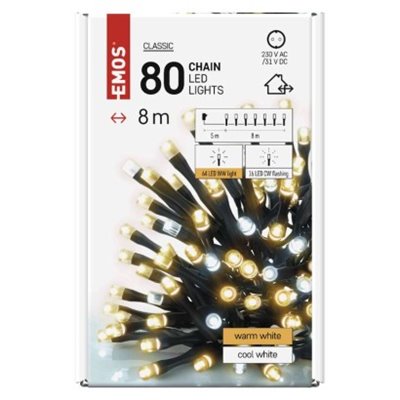 Lampki choinkowe Classic 80 LED 8m ciepła biel + zimna biel miga, IP44, timer