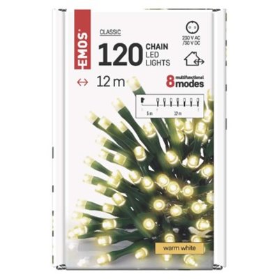 Lampki choinkowe 120 LED 12m ciepła biel, zielony przewód, 8 programów, IP44