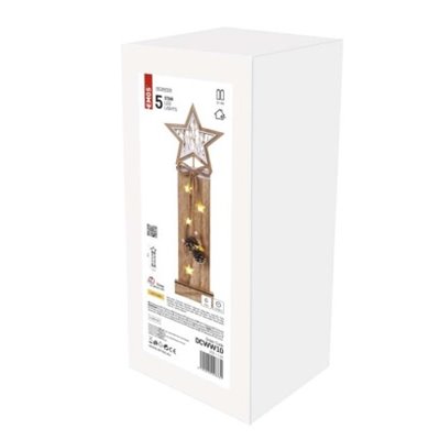 Dekoracje - 5 LED drewniany słupek z gwiazdką, 48 cm, 2x AA, ciepła biel, IP20, timer