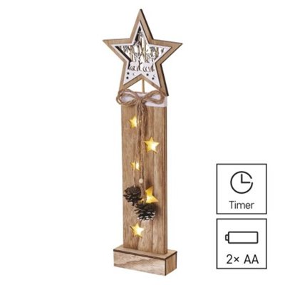 Dekoracje - 5 LED drewniany słupek z gwiazdką, 48 cm, 2x AA, ciepła biel, IP20, timer