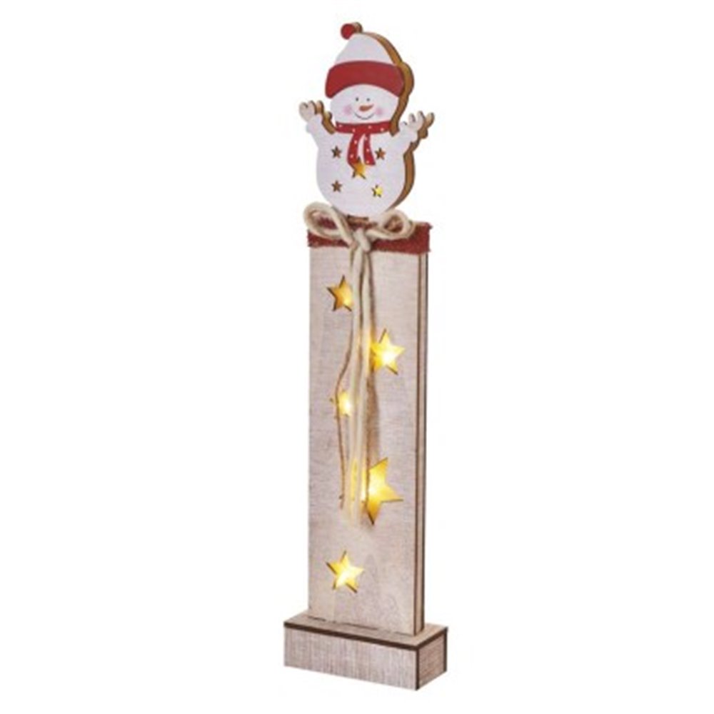 Dekoracje - 7 LED drewniany słupek z bałwankiem 46 cm, 2x AA ciepła biel, IP20, timer