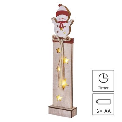 Dekoracje - 7 LED drewniany słupek z bałwankiem 46 cm, 2x AA ciepła biel, IP20, timer