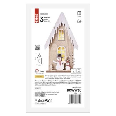 Dekoracje - 3 LED drewniany domek z bałwankami, 28 cm, 2x AA, ciepła biel, IP20, timer