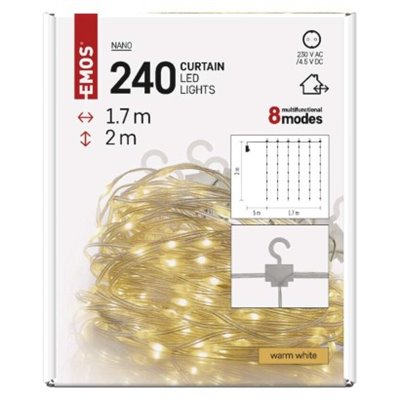 Dekoracje - 240 LED drop kurtyna 1,7x2m ciepła biel, 8 programów, IP44