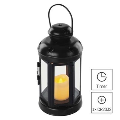 Latarnia LED okrągła, czarna, 18,5 cm, 1x CR2032, vintage, IP20, timer