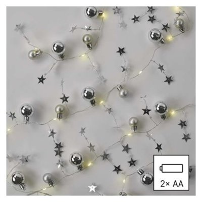 Dekoracje - 20 LED srebrne kule z gwiazdami 1,9 m, 2x AA, ciepła biel, IP20, timer