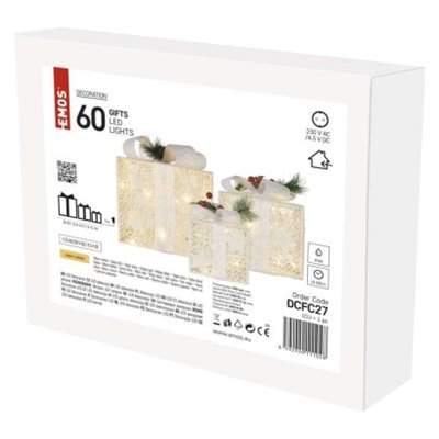 Dekoracje - 60 LED prezenty z dekoracją 11/13,5/20 cm złote, zimna biel, IP44