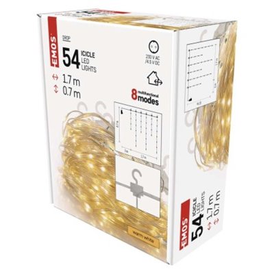 Dekoracje - 54LED drop łezki 1,7m ciepła biel, 8 programów, IP44