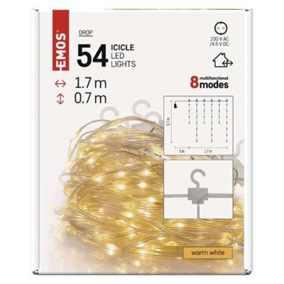 Dekoracje - 54LED drop łezki 1,7m ciepła biel, 8 programów, IP44