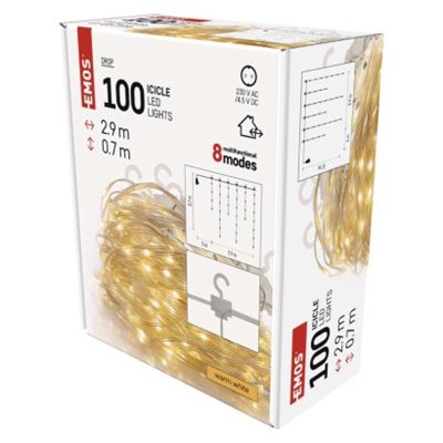 Dekoracje - 100LED drop łezki 2,9m ciepła biel, 8 programów, IP44