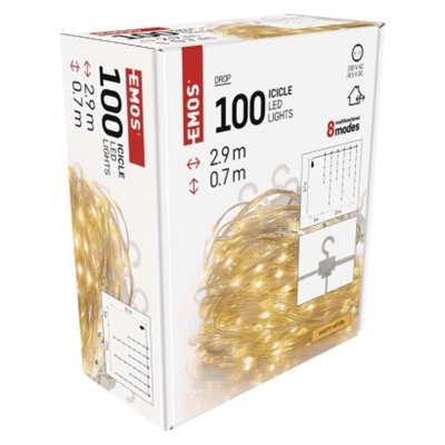 Dekoracje - 100LED drop łezki 2,9m ciepła biel, 8 programów, IP44