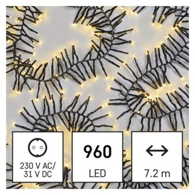 Lampki choinkowe LED Cluster, jeżyk, 960LED 7,2m, ciepła biel, 64 programów, IP44