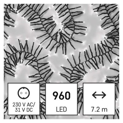 Lampki choinkowe LED Cluster, jeżyk, 960LED 7,2m, zimna biel, 64 programów, IP44