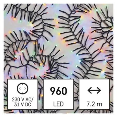 Lampki choinkowe LED Cluster, jeżyk, 960LED 7,2m, multikolor, 64 programów, IP44