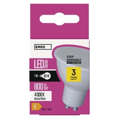 Żarówka LED Classic MR16 / GU10 / 7 W (60 W) / 800 lm / neutralna biel/ ściemnialna 3x